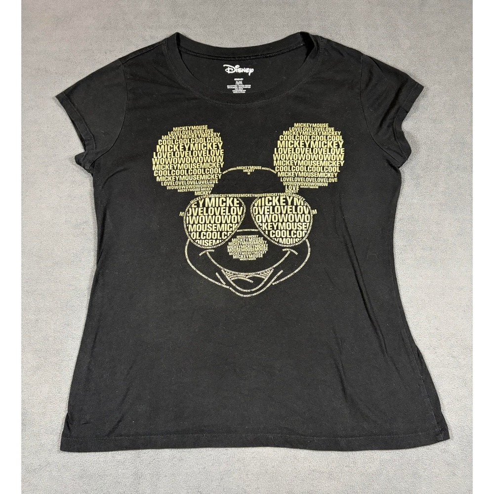 Disney T-Shirt Girls XL Black Mickey Mouse Word Art Graphic